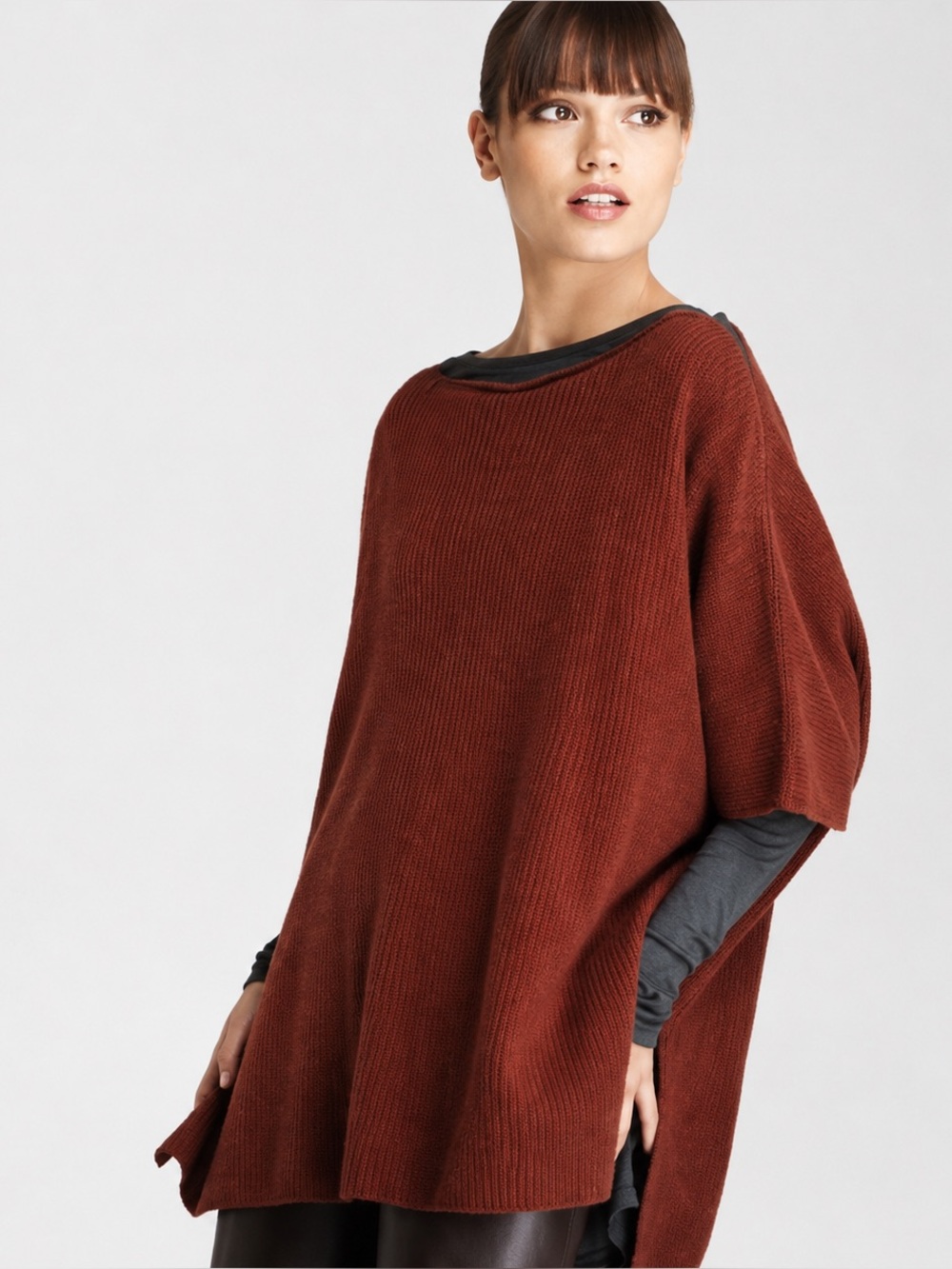 Vince Wool Cashmere Ribbed Poncho - Henna